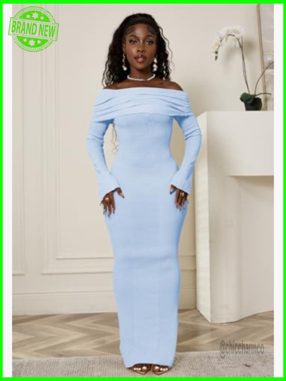Sexy Off Shoulder Crochet Bodycon Maxi Dress Long Sleeve Knit Party - Picture 2 of 7